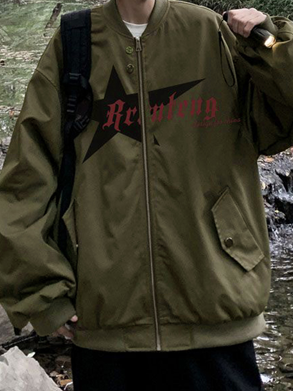Men’s Star Print Zip Up Pocket Cargo Jacket