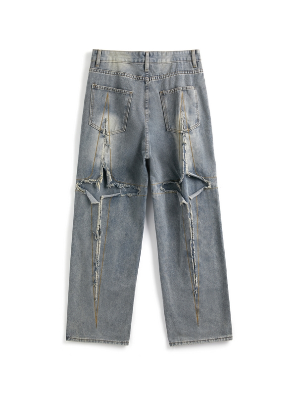 Men’s Street Distressed Raw Trim Loose Jeans