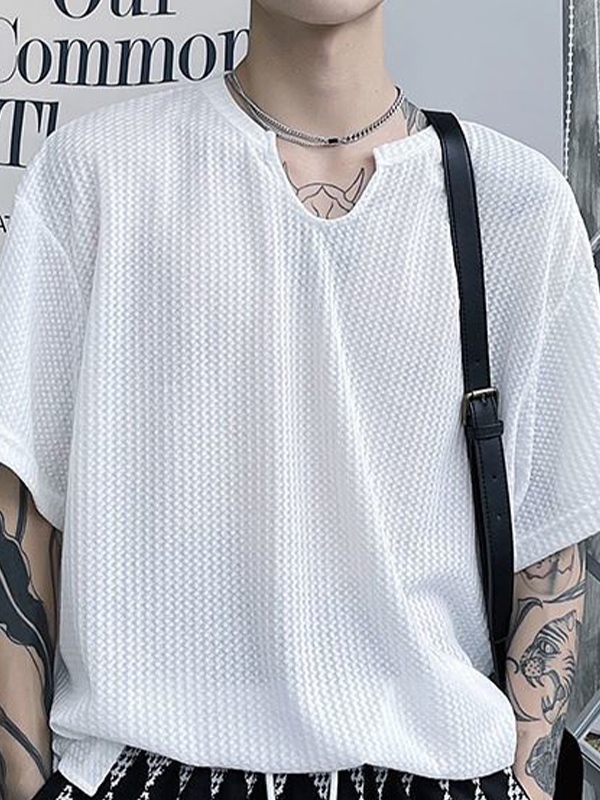 Men’s Solid Mesh Notched Neck Short Sleeve Tee