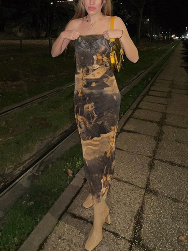 Vintage Painting Print Bandeau Slim Midi Dress