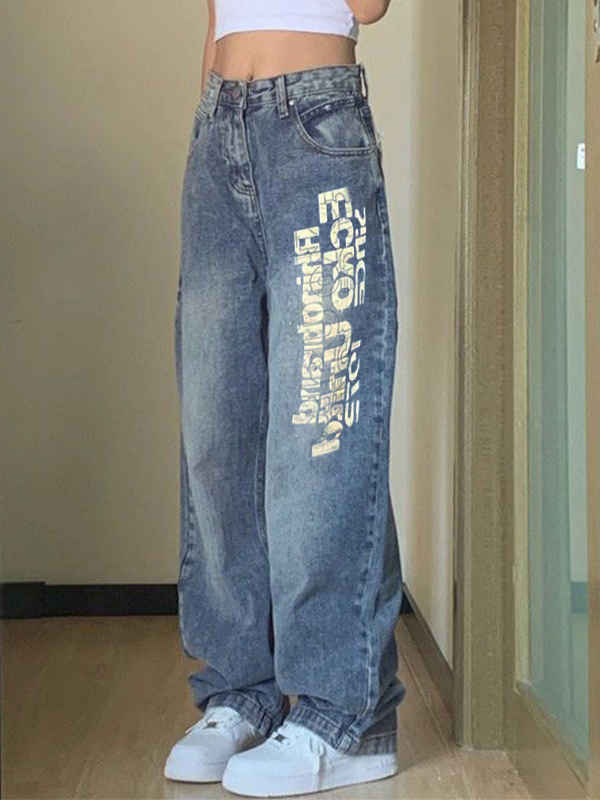 Washed Letter Print High Waist Boyfriend Jeans