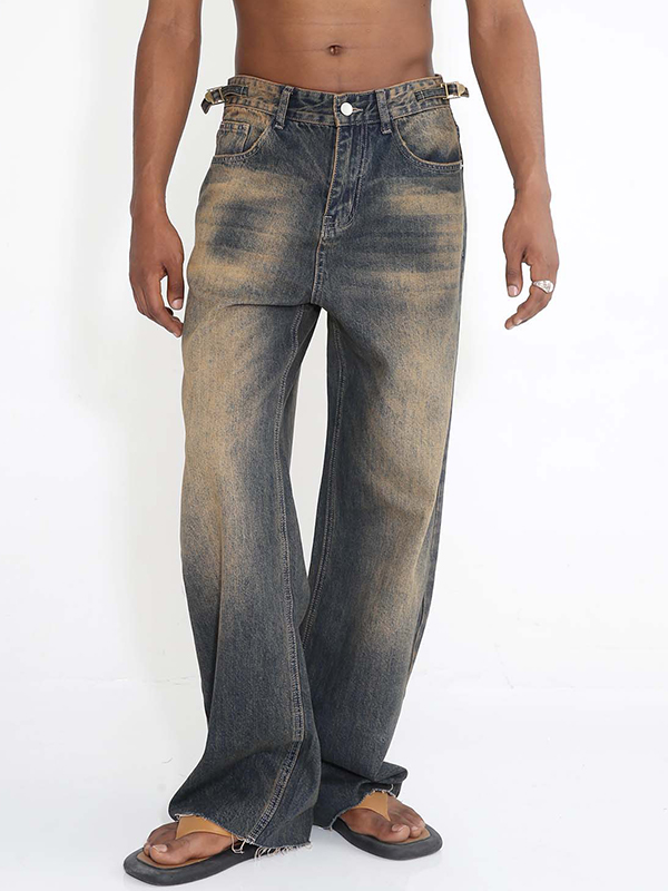 Men’s Vintage Distressed Raw Trim Straight Leg Jeans