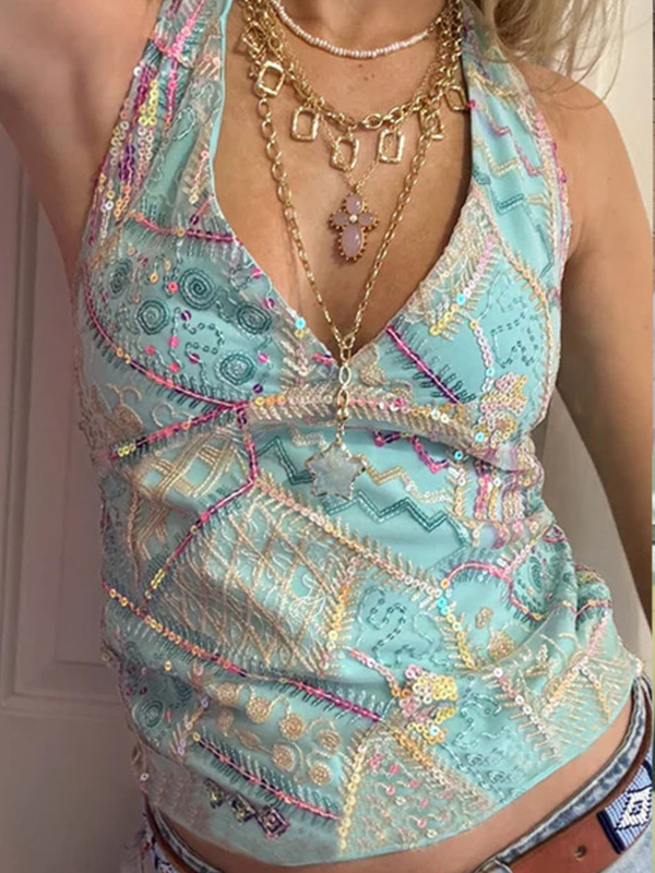 Sequin And Bead Embroidered Casual V-Neck Sleeveless Vest