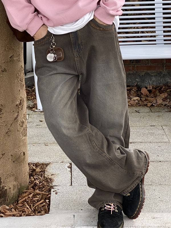 Men’s Vintage Wash Raw Trim Loose Jeans