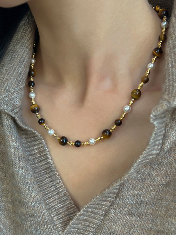 Tiger Eye Stone Pearl Connected Necklace
