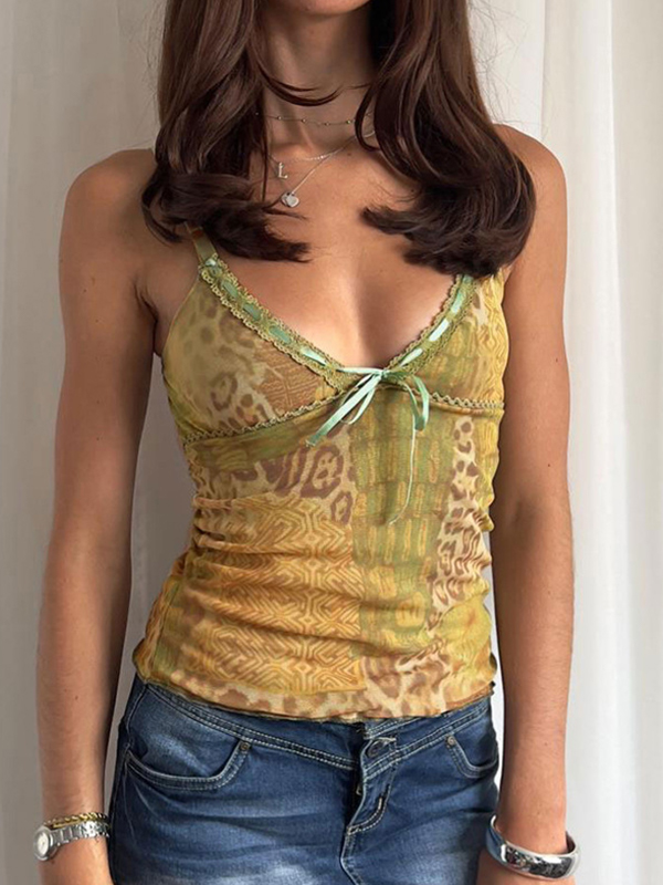 V-Neck Tie With Bow In Contrasting Colors Cami Top