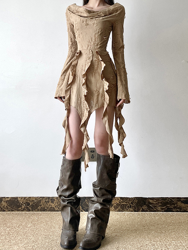Wasteland Style One-Shoulder Pleats Mini Dresses