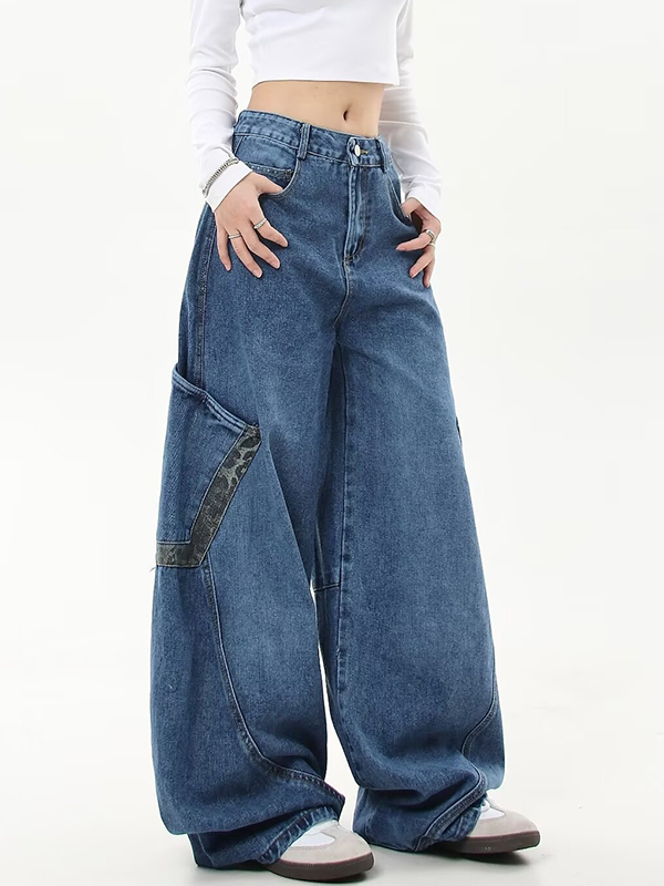 American Retro Leopard Print Stitching Boyfriend Jeans