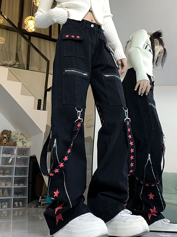 Contrast Color Ribbon Metal Decoration Cargo Jeans