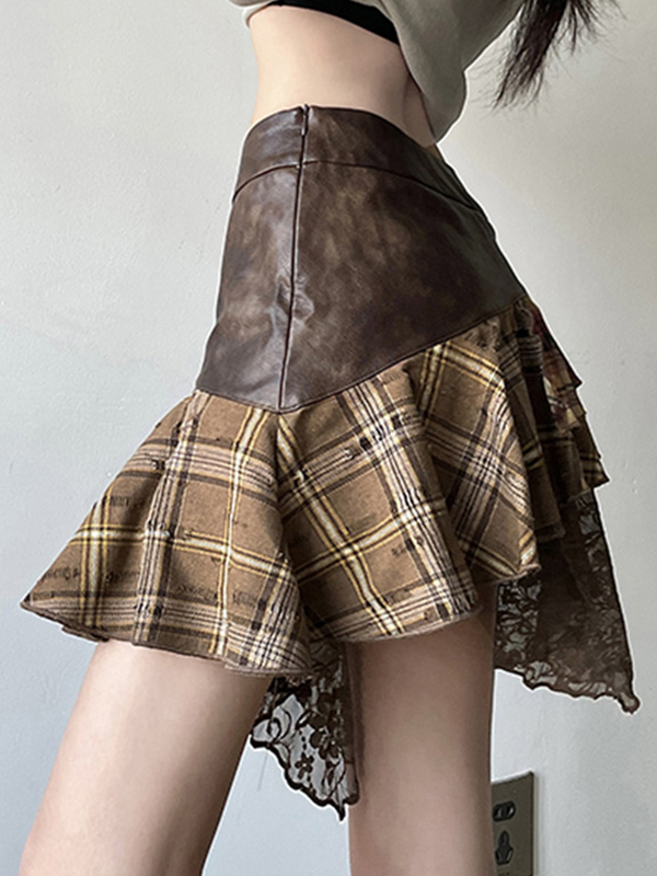 Irregular Design Grid Pattern Stitching Mini Skirts