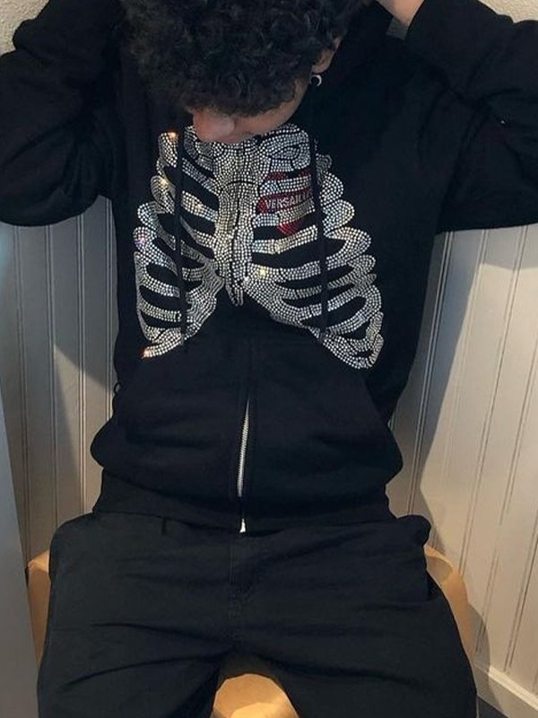 Men’s Halloween Rhinestone Skull Zip Up Hoodie