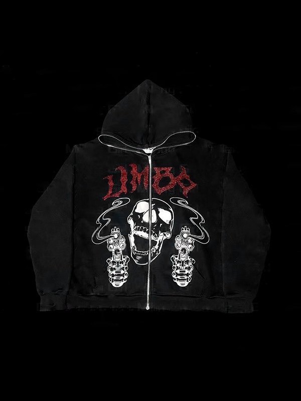 Men’s Rhinestone Letter Skull Black Zip Up Hoodie