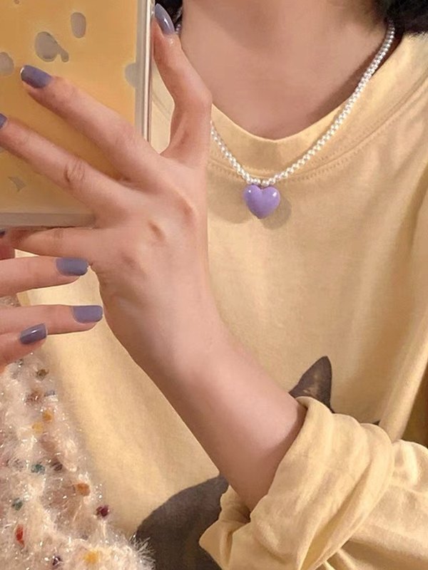 Acrylic Heart Charm Faux Pearl Necklace