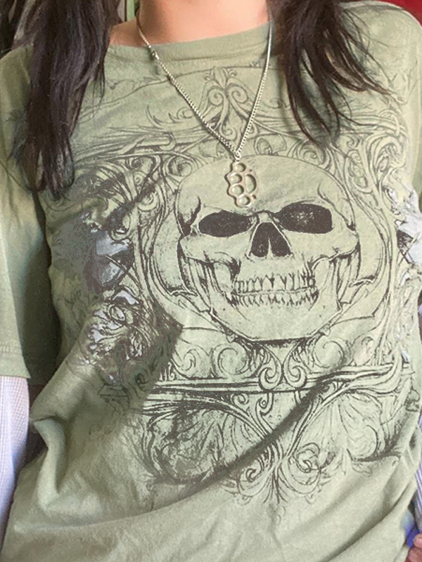 Skull Print 2 In 1 Oversized Long Sleeve Tee