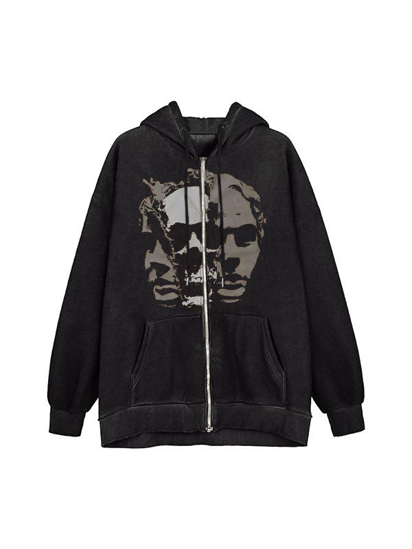 Skull Portrait Print Zip Up Oversized Hoodie