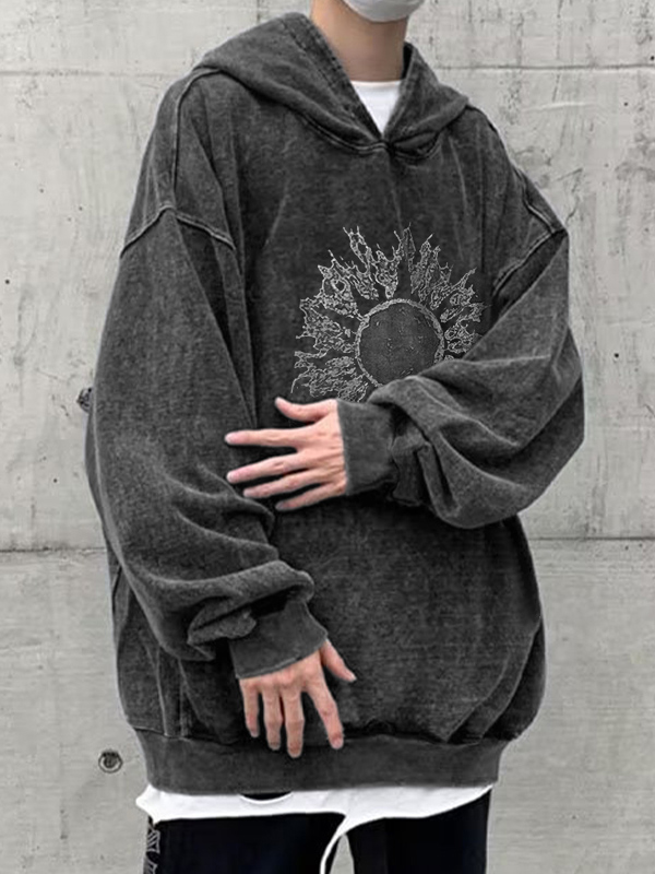 Men’s Distressed Sun Print Oversized Hoodie