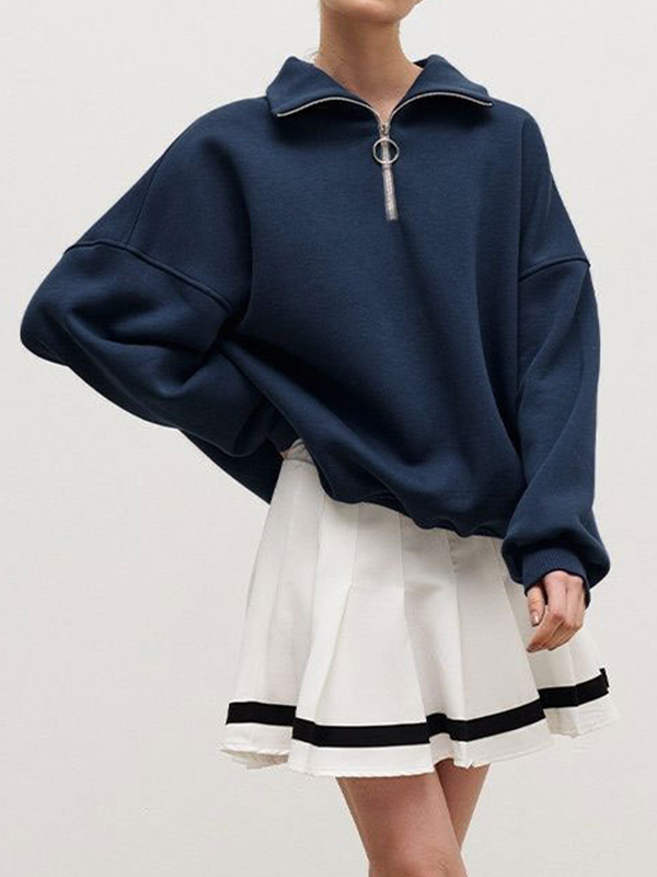 Solid Lapel Neck Half Zip Sweatshirt