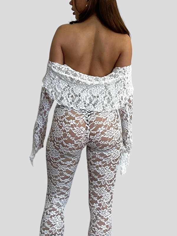 Lace Off Shoulder Long Sleeve Tee&Flared Pants Set