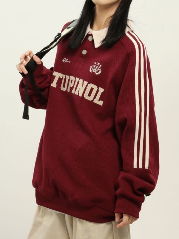 Letter Embroidered Piping Lapel Neck Sweatshirt