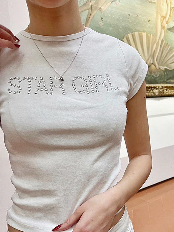 Letter Rhinestone Print Short Sleeve Tee
