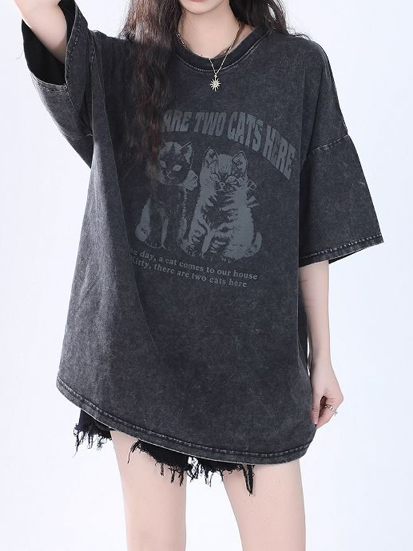 Cat Print Oversized Short Sleeve Tee