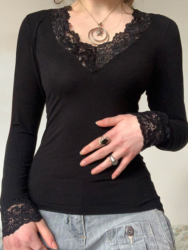 Lace Patchwork Long Sleeves Tee