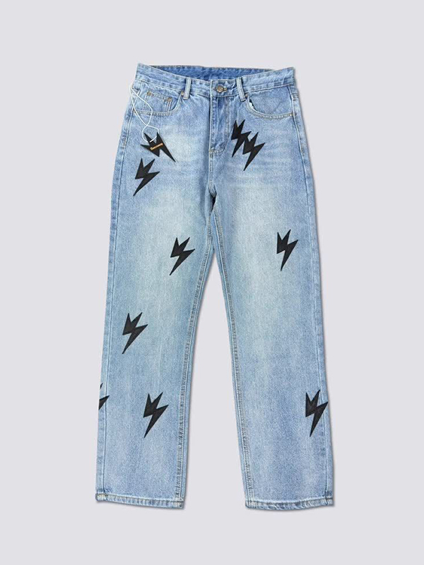 Men’s Patch Leather Lightning Loose Jeans