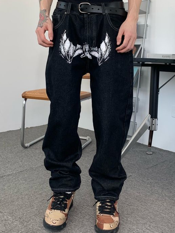 Men’s Bat Print Straight Leg Jeans