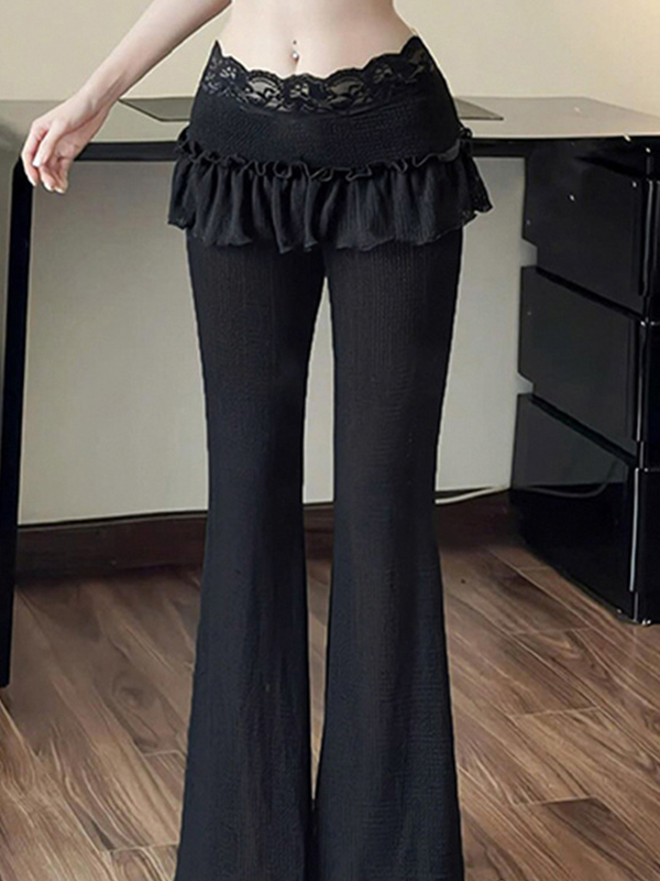 Lace Patchwork Wooden Trim Flare Leg Pants