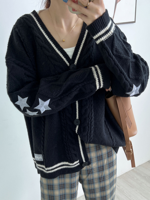 Oversize Star Embroidered Cable Knit Cardigan
