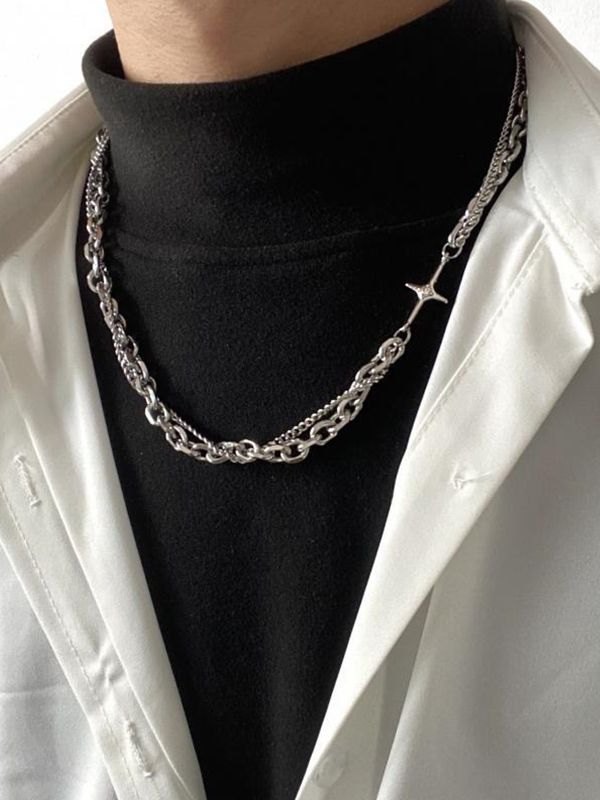 Men’s Layered Geometric Link Chain Necklace