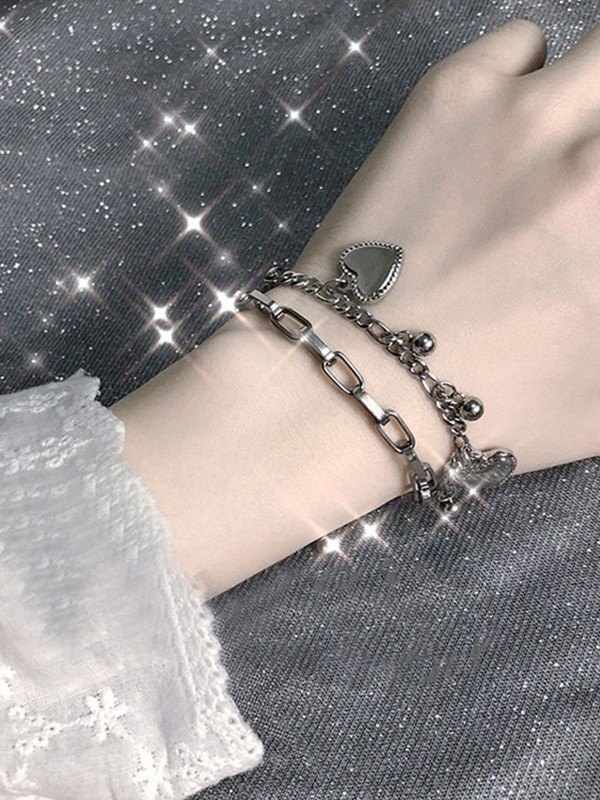 Double Layer Heart Charm Link Chain Bracelet