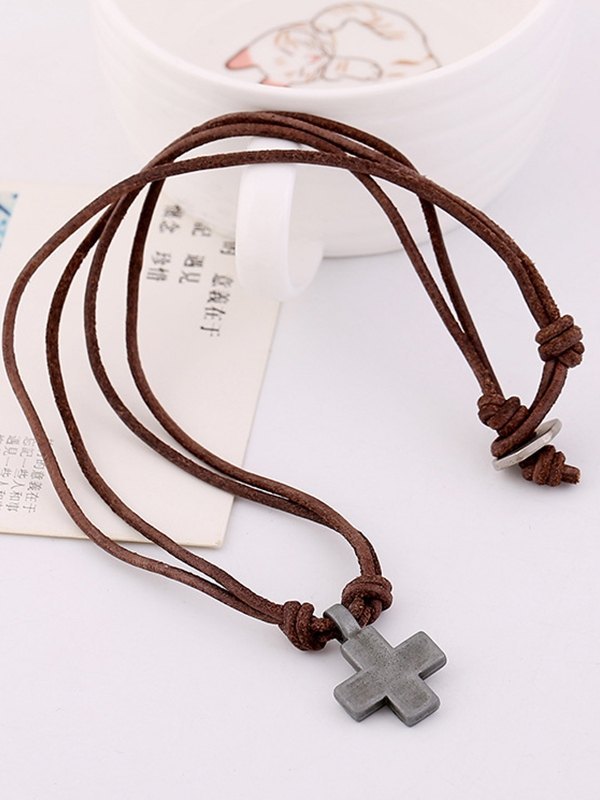 Cross Charm Pu Leather Rope Necklace