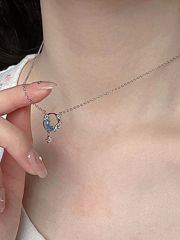 Silver Hollow Out Star Moon Charm Necklace