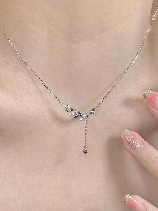 Silver Rhinestone Ear of Wheat Charm Necklace