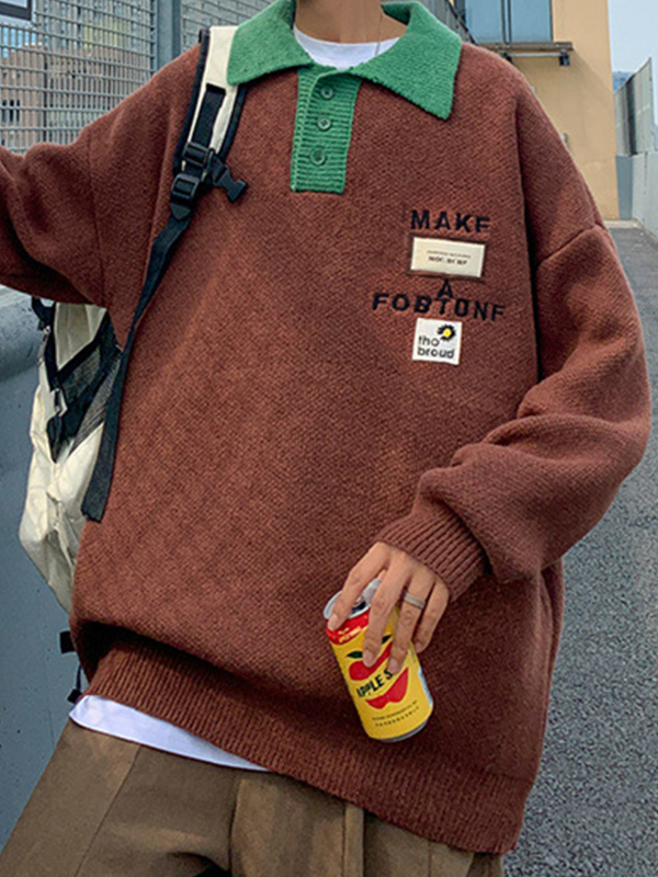 Men’s Contrast Color Letter Embroidery Labeling Knit Sweater