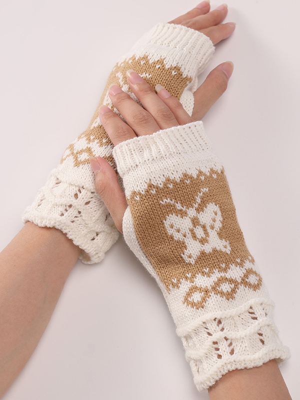 Butterfly Jacquard Knit Fingerless Gloves