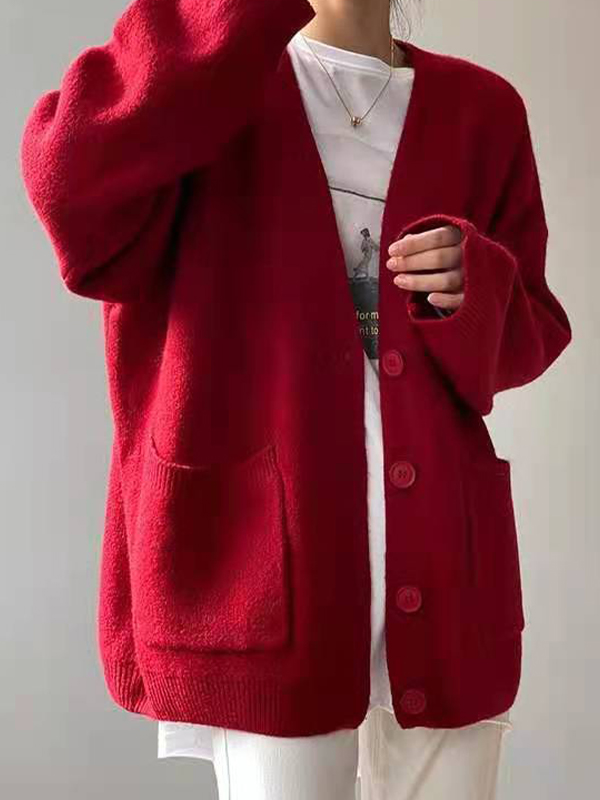 Solid V Neck Breasted Knit Cardigan