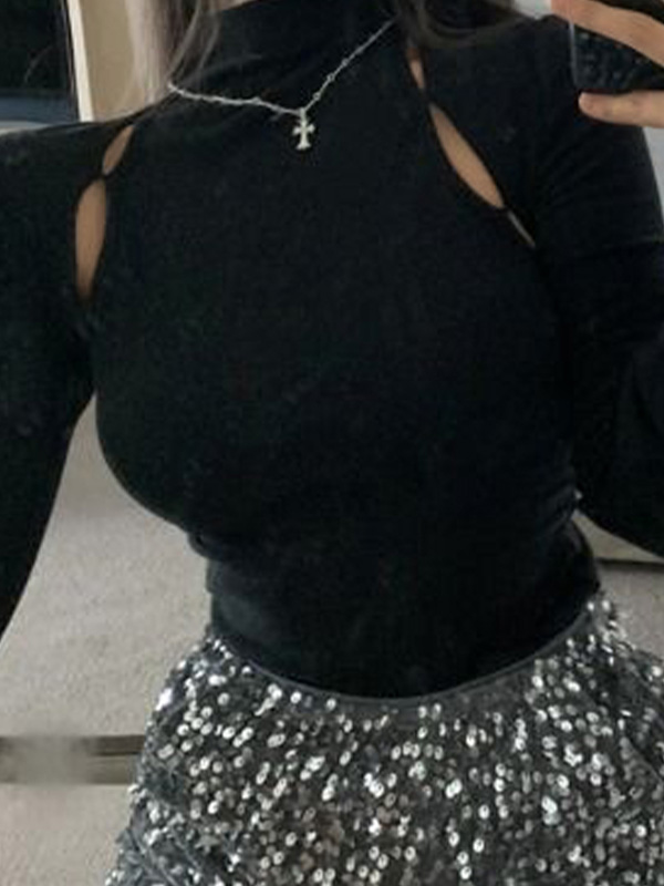 Solid Cutout Mock Neck Slit Long Sleeve Knit