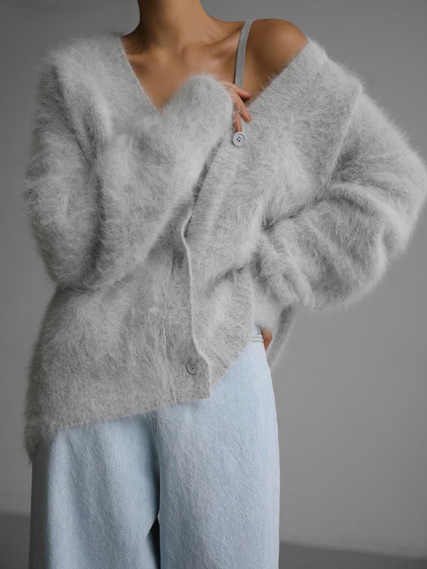 Fuzzy V Neck Loose Cardigan Sweater