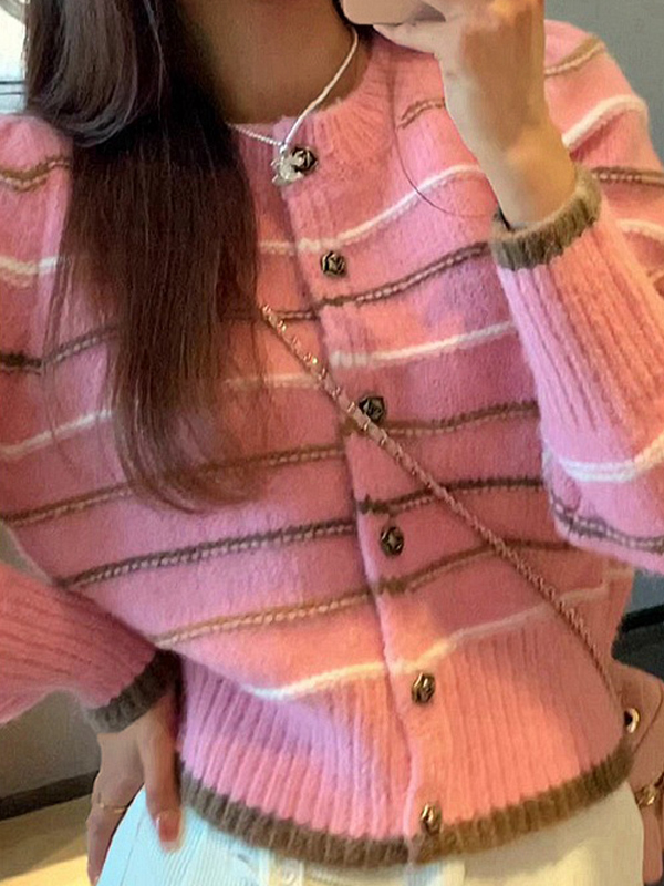 Contrast Color Striped Short Knit Cardigan