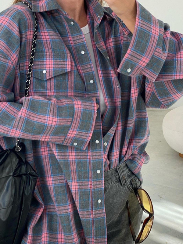 Vintage Plaid Print Long Sleeve Blouse