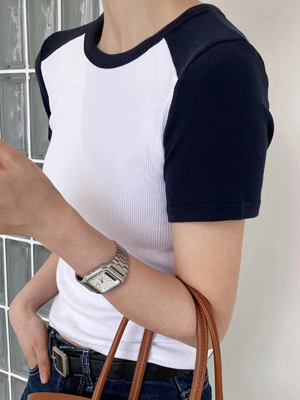 Contrast Color Stitching Crewneck Short Sleeve Knits