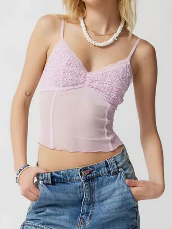Plain Mesh V Neck Slim Fit Cami Top