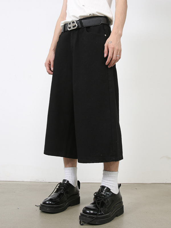 Men’S Retro Washed Wide Leg Straight Denim Shorts